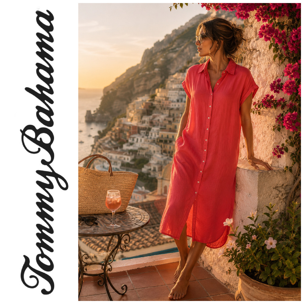 Tommy Bahama Sz L 100% Linen Midi Shirtdress Hot Pink Pockets Resort Cruisewear